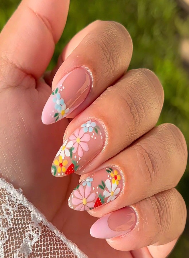 SEMATA Pink French Press on Nails Almond Medium Nude Spring Summer Acrylic False Fake Nails Press ons Flower with Floral Design Fake Nail 24Pcs Reusable Stick on Nail for Women - Image 1
